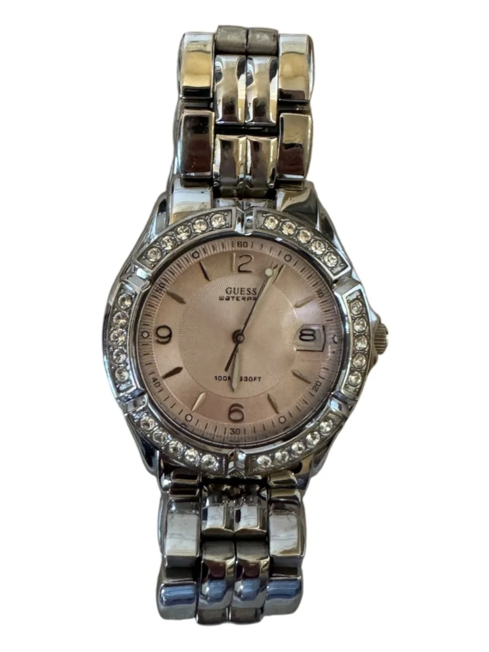 Guess Waterpro Crystal Bezel Women's Silver Watch | Date Display | Pink Face